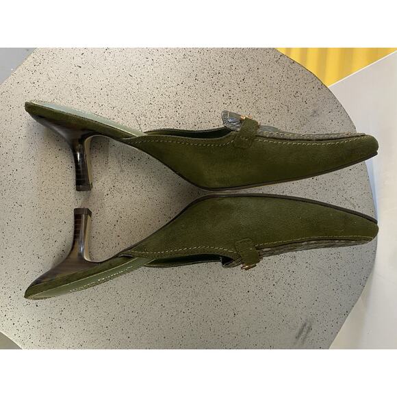 PIERRE DUMAS Kitten Heel Mule Croc Embossed Suede Deep Green Gold Buckle Sz. 11M - Picture 8 of 15